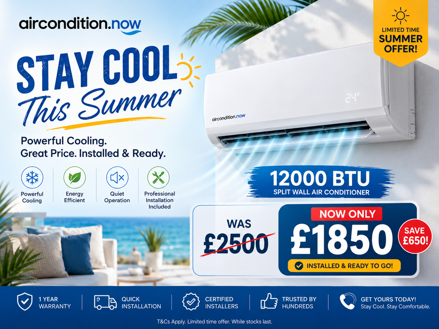 Stay Cool This Summer — 12000 BTU split wall air conditioner, was £2,500, now £1,850 installed