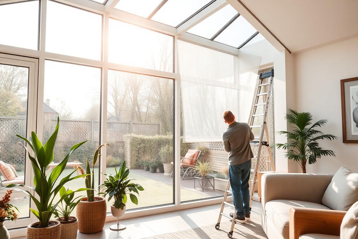 Solar Shield window film being applied to a bright conservatory